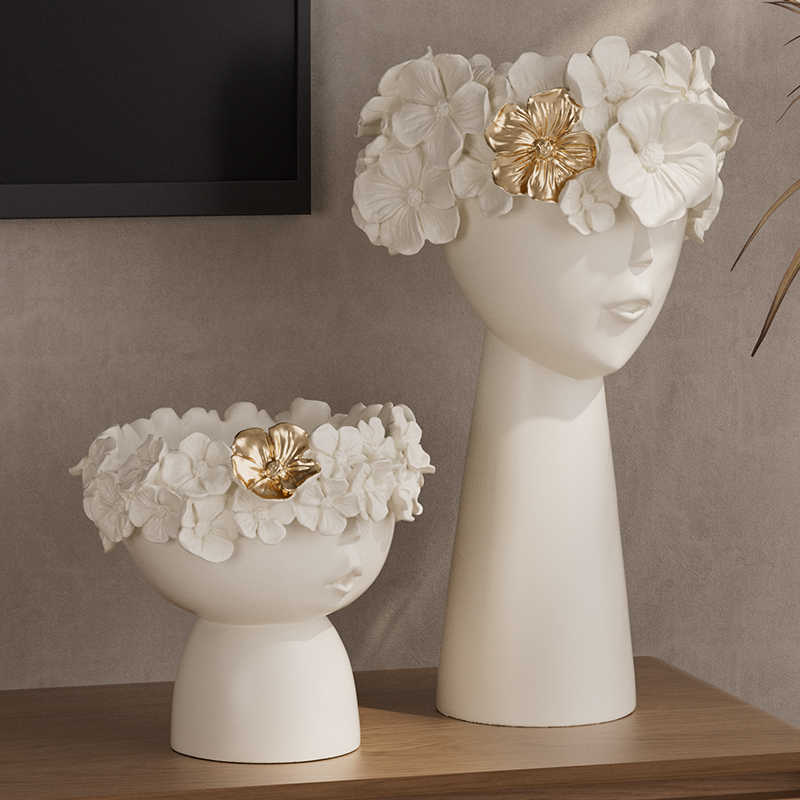 Luxury Ceramic Head Sculpture Vase Set – Modern Abstract Face Planters with Gold Floral Accents, Contemporary Home Décor Art Pieces