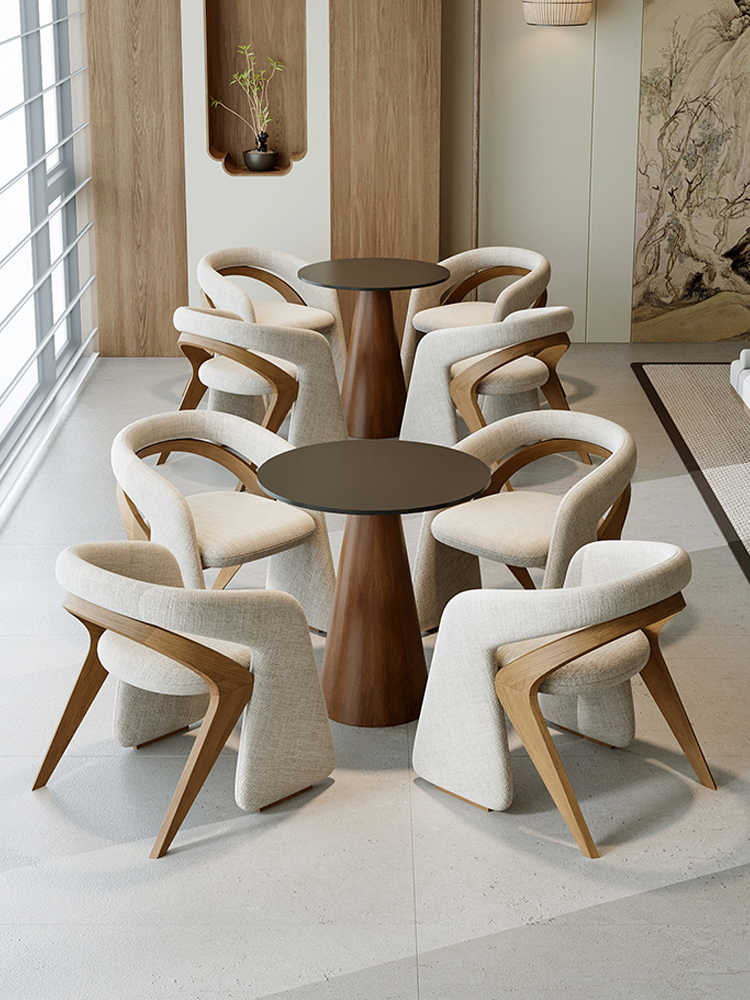 Modern Accent Table and Chair Set, Solid Wood Reception Lounge Group with Black Round Table, Upholstered Armchairs for Living Room, Office, Hotel Lobby (1 Table + 4 Chairs, Natural Wood/Beige)