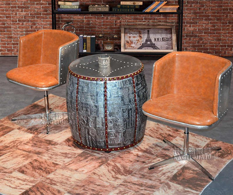 Industrial Vintage Barrel Side Table – American LOFT Style Metal Rivet Accent Table with Embossed Pattern, Round Bar Height Table