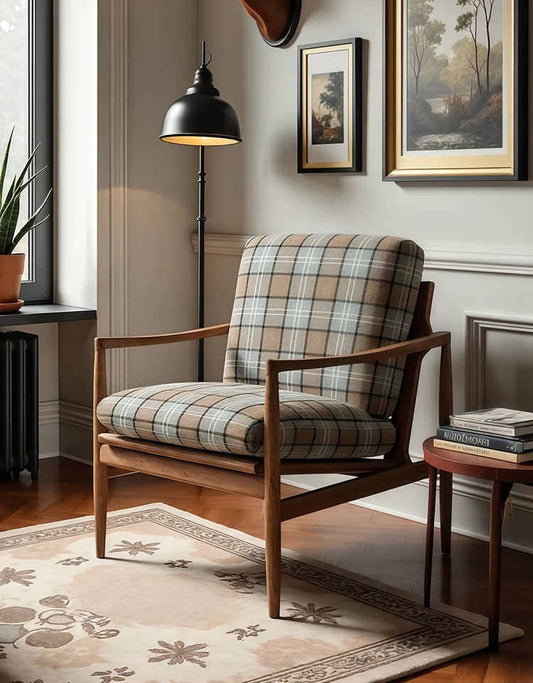 Vintage Solid Wood Armchair – Designer Plaid Single Lounge Chair for Living Room, Balcony, Bedroom and Boutique Stays