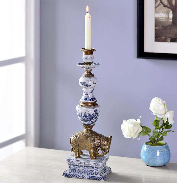 Blue Porcelain and Brass Elephant Candle Holder – Luxury Decorative Candlestick for Living Room, Villa, Tabletop, and Dining Room