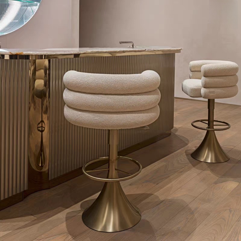 Luxury Modern Swivel Bar Stool with Gold Metal Base, Adjustable Height, Backrest, High-End Upholstered Kitchen Counter Chair