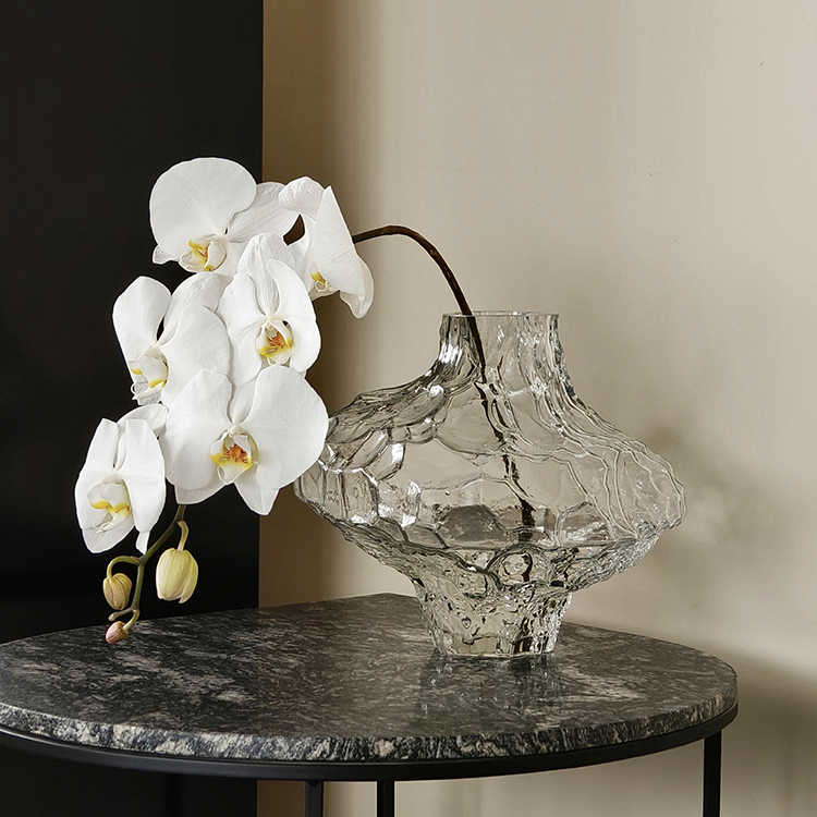 Valley Stream Art Transparent Glass Vase, Modern Minimalist Creative Flower Vessel with Textured Pattern for Boutique Hotel Showroom Decor