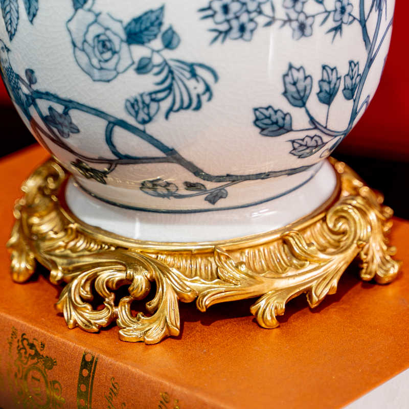 Elegant Blue Floral Porcelain Vase with Brass Base – Decorative Flower Holder for Living Room, Entryway, Tabletop
