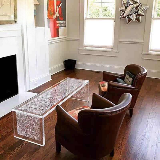 Modern Designer Clear Acrylic Rectangular Coffee Table, Artistic Stone/Wave Texture, Custom Luxury Living Room Center Table