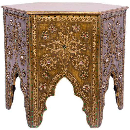 Authentic Thai Octagonal Carved Side Table, Southeast Asian Vintage Wooden Tea Table with Intricate Inlay Work