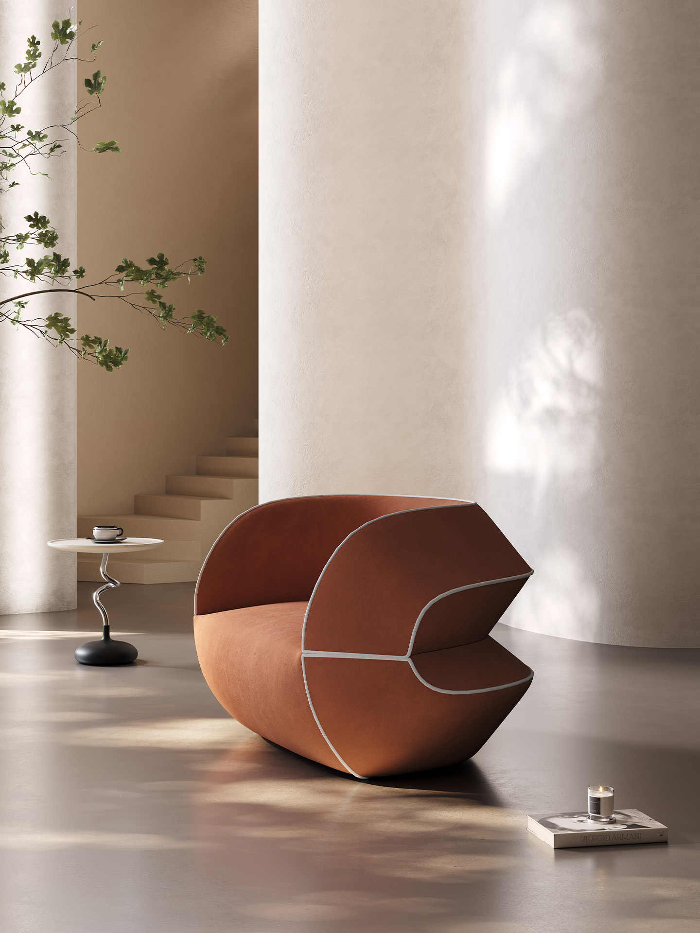 Italian Contemporary Arc Sofa – Curved Terracotta Design for Luxury Villa Living, Designer Statement Seating with White Contrast Piping