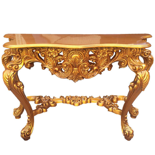 European Baroque Gold Console Table, Ornate Hand-Carved Floral Entryway Table with Curved Legs, Luxury Hall Display Table for Living Room, Foyer
