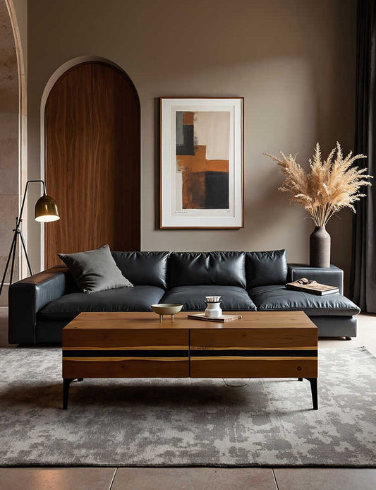 Retro Modern Solid Oak Coffee Table – Minimalist Rectangular Living Room Centerpiece with Drawers, Caramel Finish