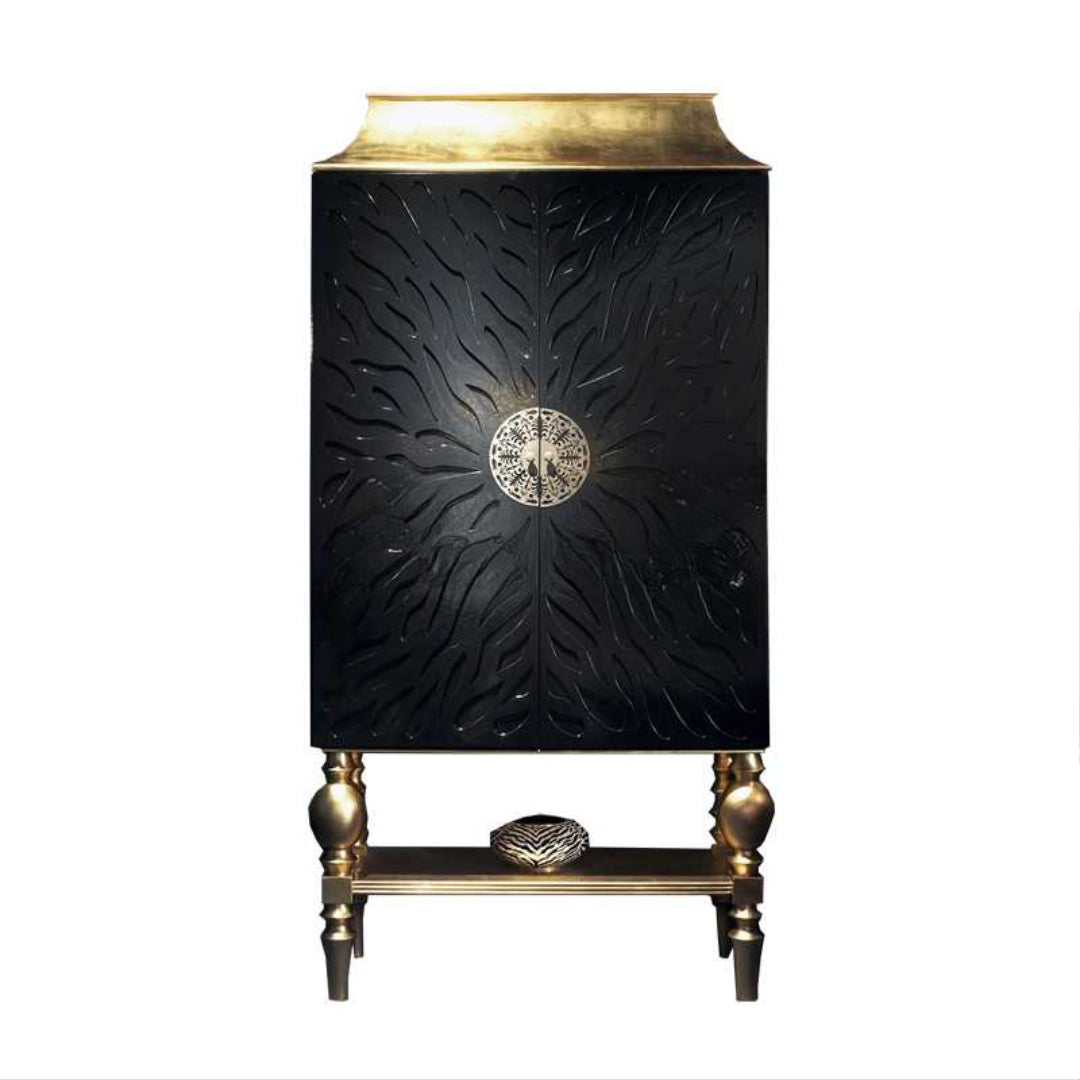 Luxury Art Deco Tall Storage Cabinet – Dark Solid Wood Two-Door Display Partition, Gold Accent High-End Sideboard