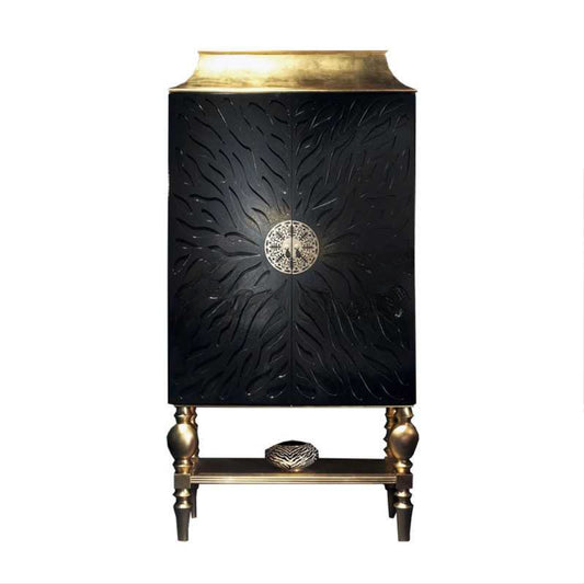 Luxury Art Deco Tall Storage Cabinet – Dark Solid Wood Two-Door Display Partition, Gold Accent High-End Sideboard