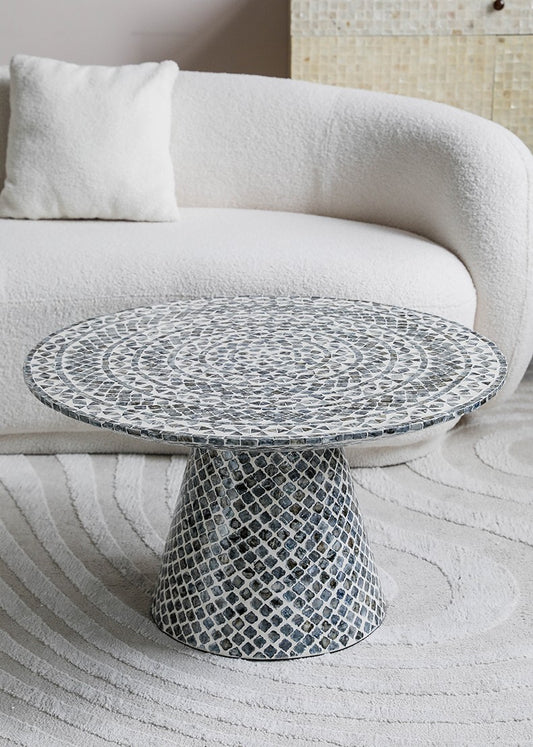 Vintage Gray Mosaic Round Coffee Table, Designer Accent Table for Living Room Sofa, Modern Shell Inlay Side Table