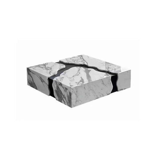 Designer Marble Puzzle Coffee Table – Sculptural Stone Blocks with Black Channels, Luxury 1.2M Square Architectural Art Table for Modern Living Rooms