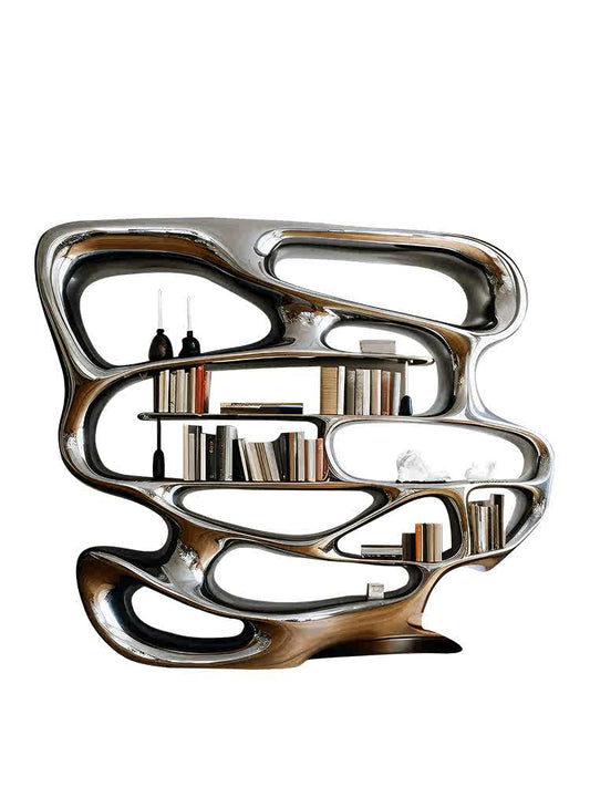 KASKOM Designer Flowing Chrome Steel Bookshelf with Organic Curves, Modern Art Sculptural Storage Unit for Study Room