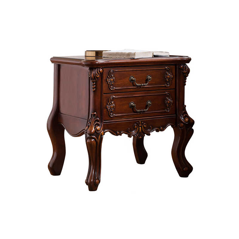 Classic American Solid Wood Nightstand with Carved Details – European Style Bedside Cabinet with 2-Drawer Storage for Bedroom