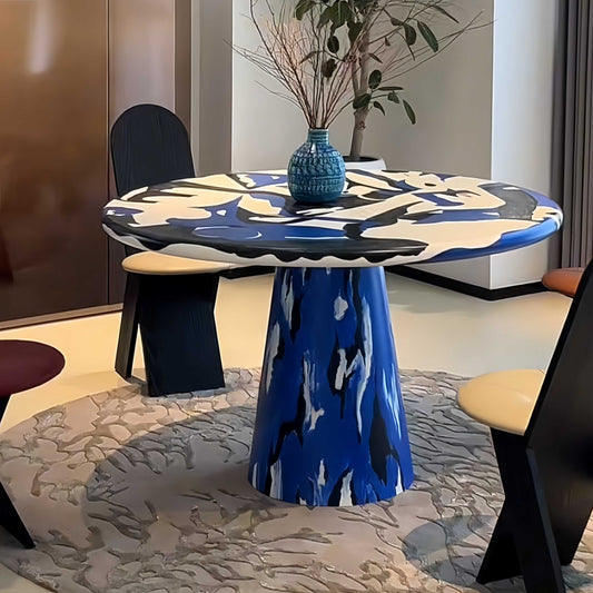 Designer Hand-Painted Solid Wood Round Dining Table, Luxury Vintage Artistic Accent Table for Living Room & Dining Room