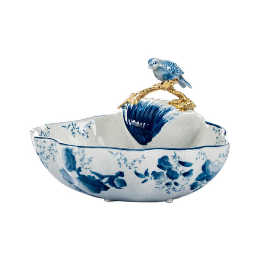 Blue and White Bird Porcelain Brass Fruit Bowl, Floral Snack Dish Candy Bowl for Living Room, Coffee Table and Gift Decor
