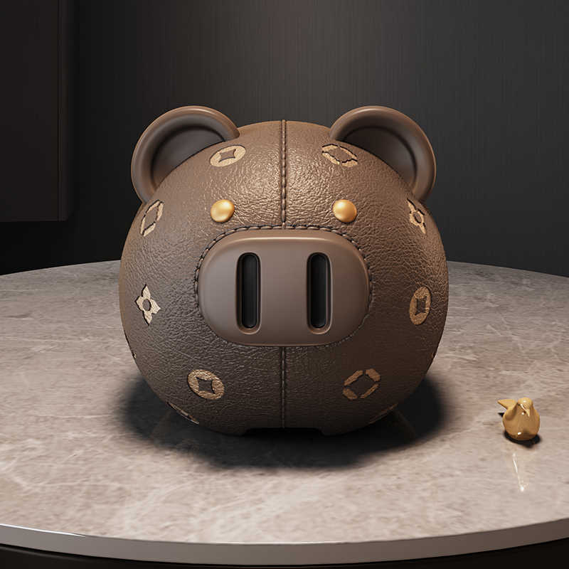 Luxury Designer Piggy Bank with Monogram Pattern, Premium Brown Leather-Look Savings Bank for Kids & Adults, One-Way Coin Slot Money Box