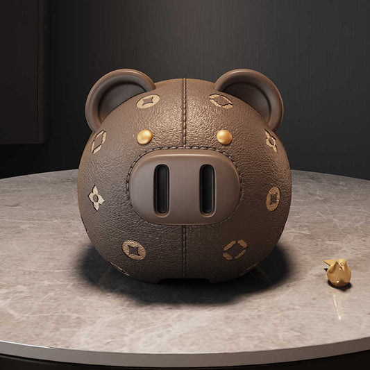 Luxury Designer Piggy Bank with Monogram Pattern, Premium Brown Leather-Look Savings Bank for Kids & Adults, One-Way Coin Slot Money Box
