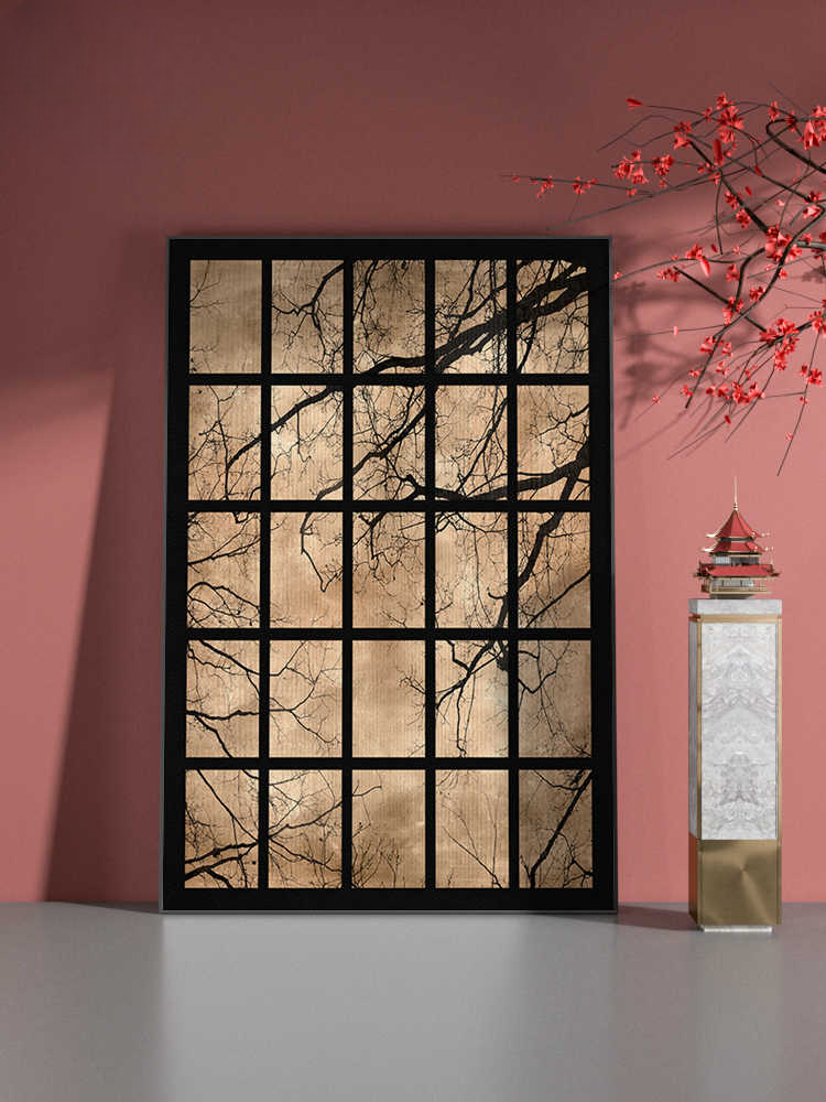 Modern Tree Branch Wall Art, Minimalist Ink Style Canvas for Living Room or Entryway, Vertical Decorative Painting, Black Titanium Frame