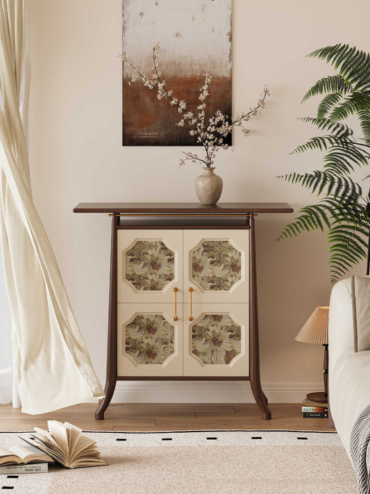 Song Dynasty Inspired Floral Octagon Console Cabinet – Natural Wood Botanical Pattern Storage Console, Traditional Asian Aesthetic Entryway Cabinet