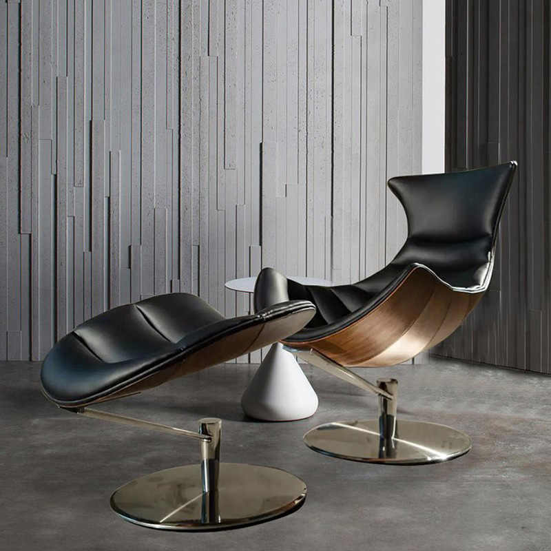 Premium Designer Lobster Lounge Chair – Sculptural Walnut Shell with Black Leather Upholstery, Contemporary Statement Furniture with Ottoman Set