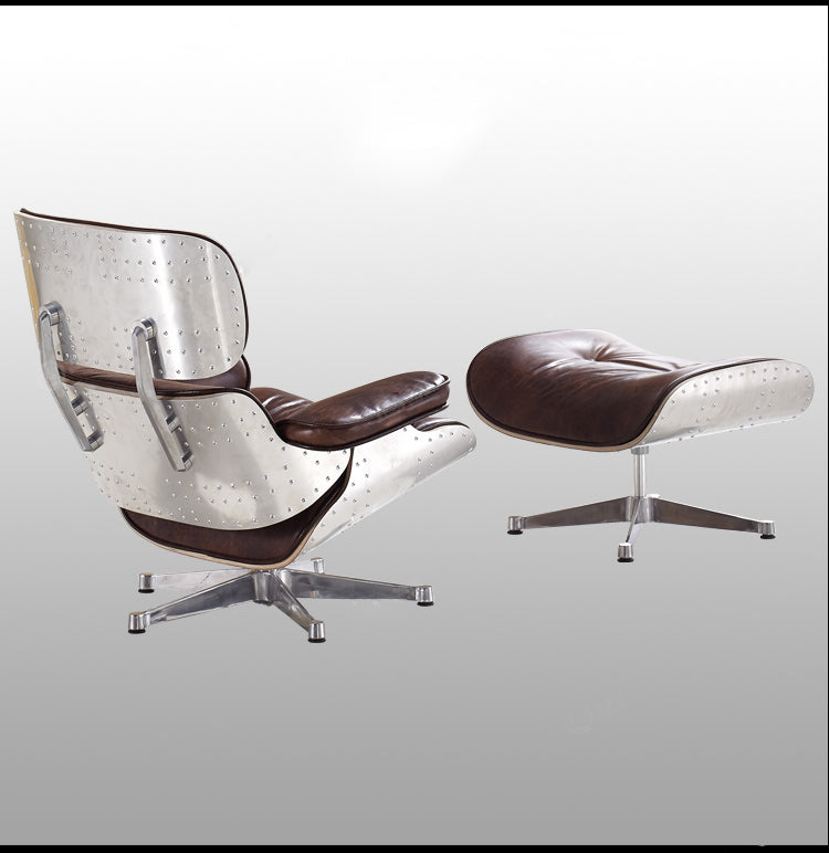 Industrial Eames Style Aluminum Rivet Lounge Chair & Ottoman Set – Designer Vintage Leather Recliner with 360° Swivel Base