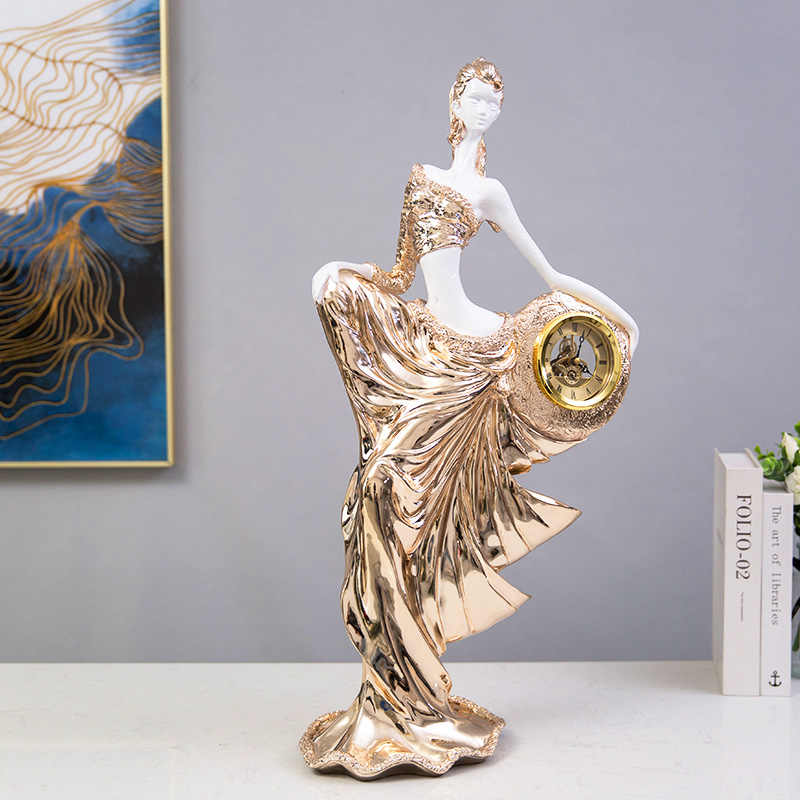 Elegant Style Rose Gold Sculpted Lady Clock – Luxury Resin Figurine Table Decor for Living Room, Office, or Hotel