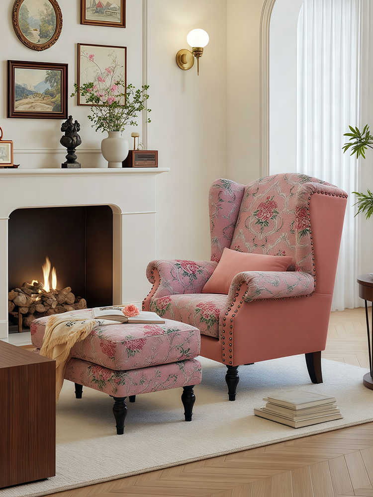 Vintage Pink Rose Manor Chair – Retro High-Back Sofa with Ottoman, Living Room/Bedroom/Designer Balcony