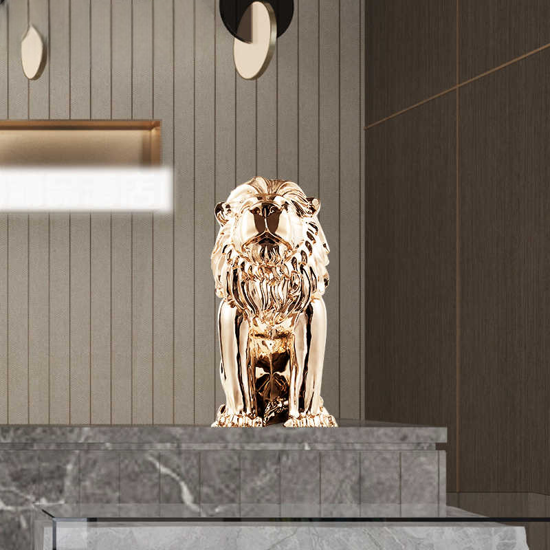 Luxury Rose Gold Lion Sculpture – Large Resin Art Statue for Living Room, Hotel, Entryway, or Club Decor