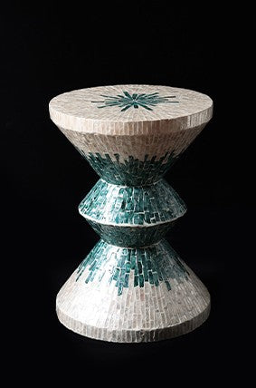 Luxury Shell Mosaic Garden Stool, Turquoise Green Mother of Pearl Ceramic Side Table, Tropical Style Accent Stool