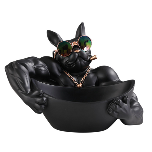 Matte Black Resin Muscular Bulldog Catchall Bowl, Large Dog Key Holder Tray with Detachable Rainbow Sunglasses and Gold Accents for Entryway, Shoe Cabinet, Console Table and Office Desk