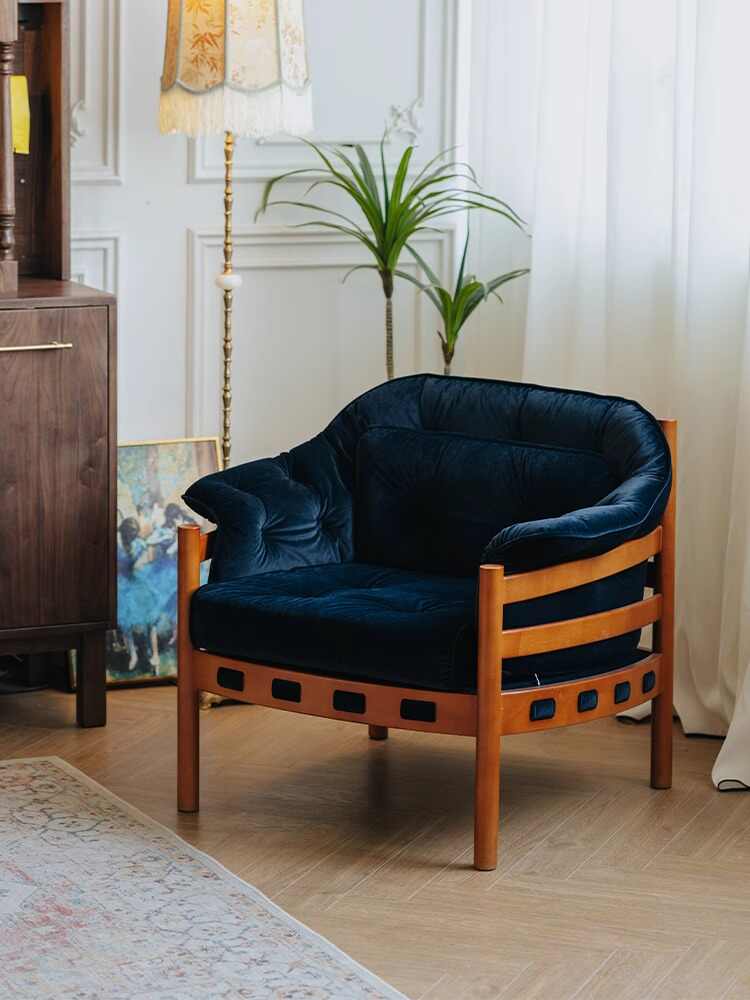 Vintage Orion Single Sofa Chair, Solid Wood Frame Black Velvet Accent Recliner for Balcony, Living Room, Apartment