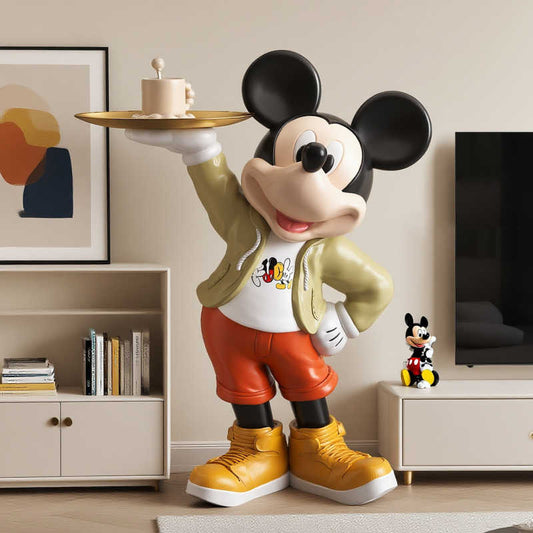 Life-Size Mickey Mouse Server Statue with Golden Tray, Disney Character Floor Figurine with Functional Display Surface, Premium Living Room Decor