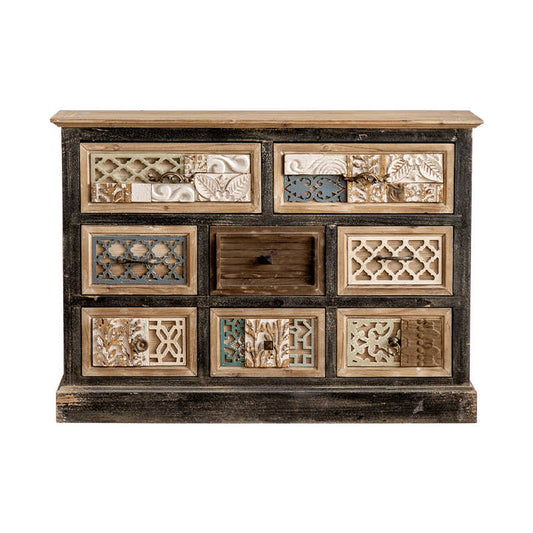 American Vintage Distressed Wood Apothecary Cabinet, 8-Drawer Wabi-Sabi Style Storage Chest with Hand-Carved Decorative Fronts, Rustic Entryway Console