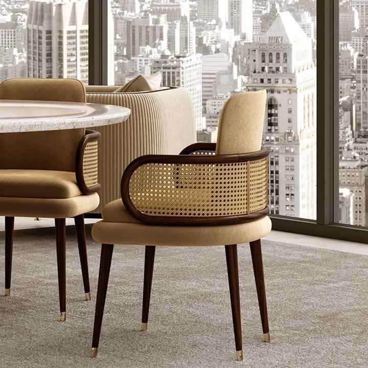 Nordic Luxury Cane Dining Chair – Mid-Century Modern Velvet Upholstered Armchair with Rattan Back, Designer Restaurant Chair for Hotel, Café, Home Dining