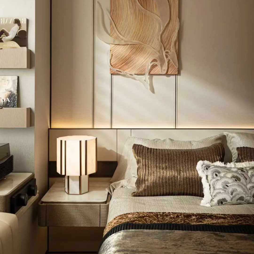 Designer Faux Alabaster Table Lamp for Living Room & Bedside, Model Home Artistic Ambient Light, Warm Modern Luxury, Hexagonal