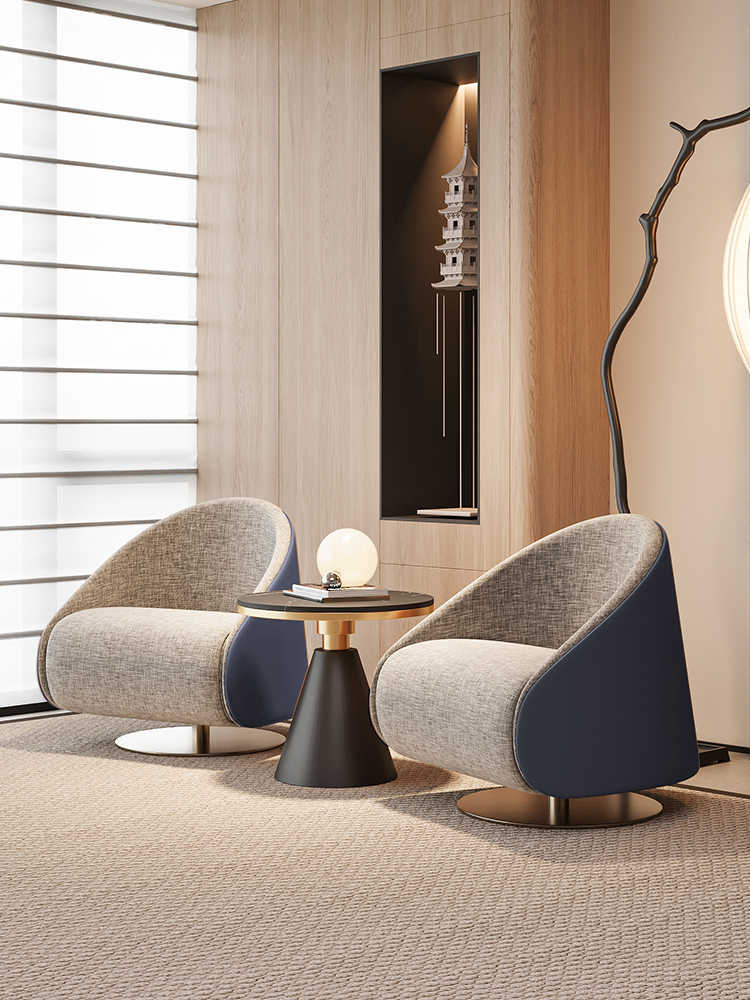 Modern Grey Swivel Accent Chair for Living Room, Linen Cotton with Faux Leather Upholstery, Light Luxury Single Lounge Seat