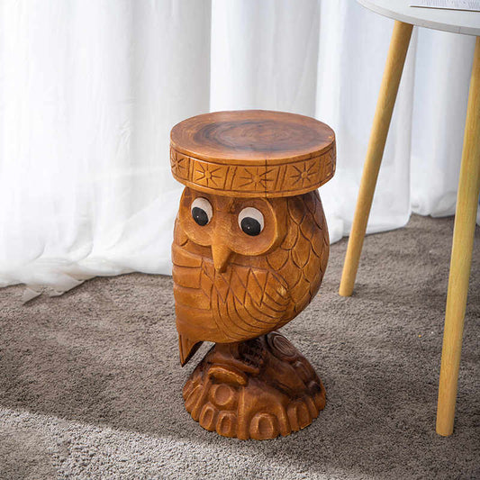 Thai Hand-Carved Wooden Owl Stool, Solid Wood Tree Stump Side Table for Shoe Changing & Plant Stand