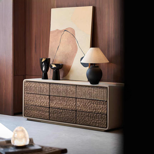 Vintage Hammered Solid Wood Sideboard, Designer Buffet Storage Cabinet for Living Room, Entryway, and Apartment Decor