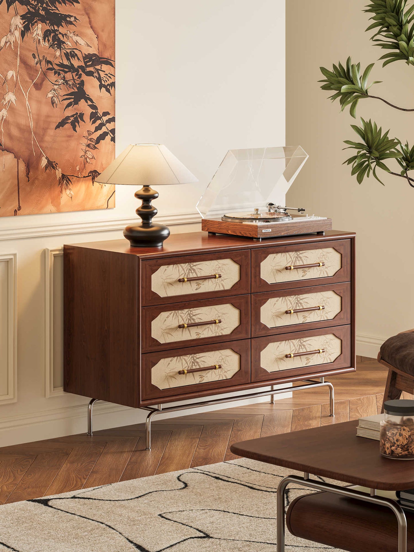 Mid-Century American Bamboo Leaf Pattern Solid Wood Dresser – 6-Drawer Storage Cabinet with Hairpin Legs, Artistic Botanical Design for Living Room and Bedroom