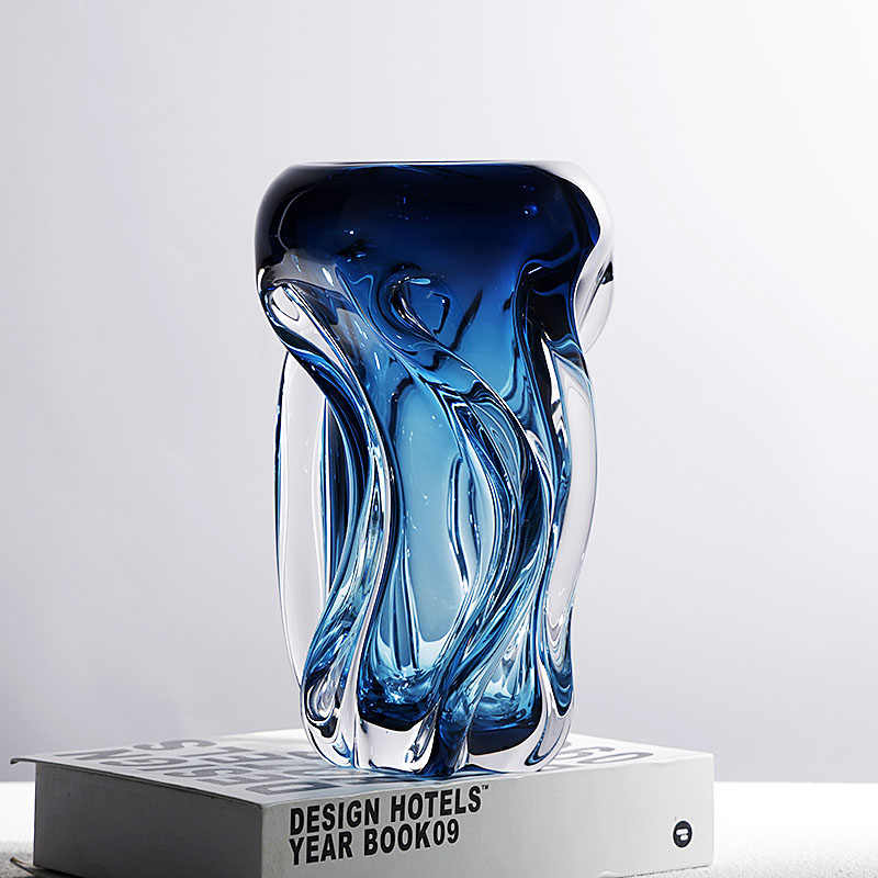 Luxury Blue Art Glass Vase, Modern Minimalist Home Decor, Sculptural Desktop Flower Vessel for Living Room & Entryway