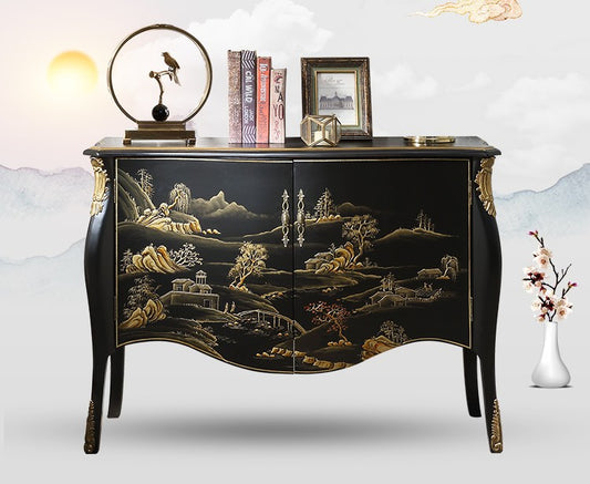Hand-Painted Landscape Entryway Cabinet, Style Antique Solid Wood Hallway Sideboard