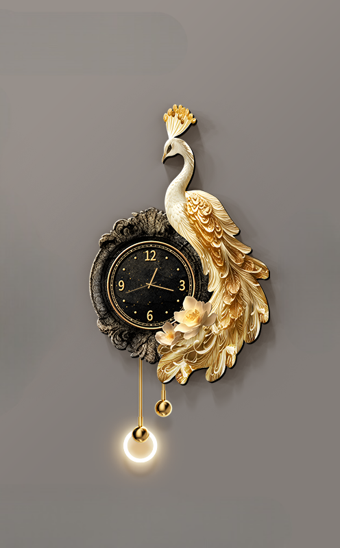 Luxury 3D Peacock Wall Clock with Crystal Accent, Remote-Control LED Decor Light, Elegant Resin Wall Art for Living Room and Dining Room