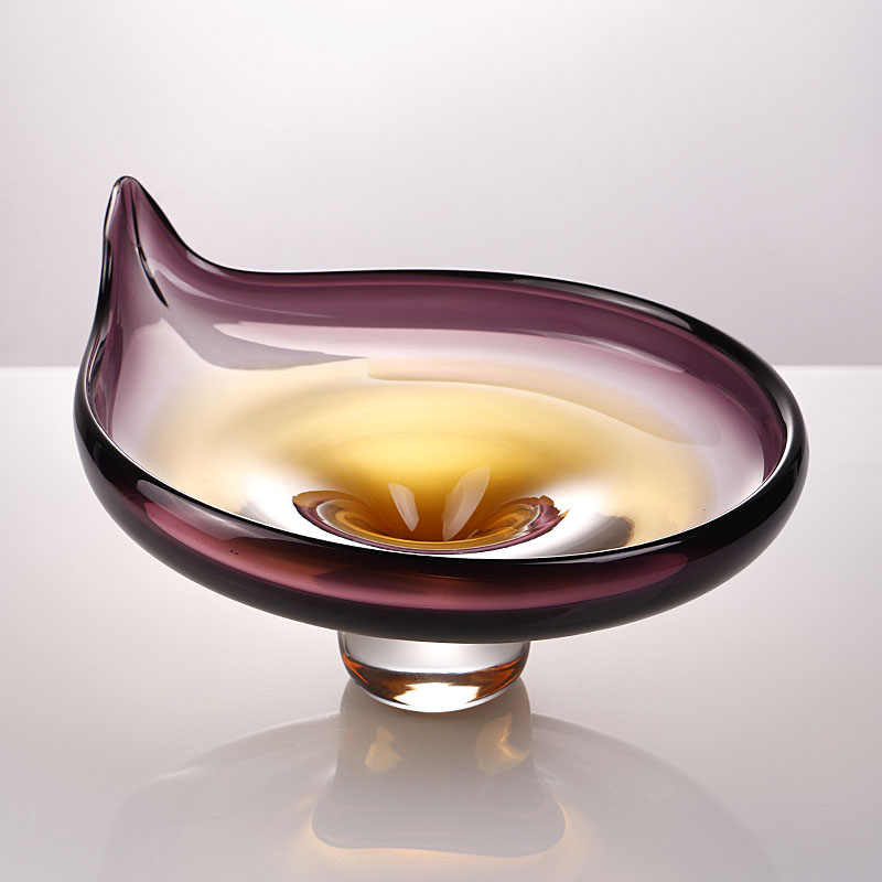 Minimalist Luxury Art Glass Pedestal Fruit Bowl, Handcrafted Purple-Amber Gradient Serving Dish with Organic Wave Design, Modern Desktop Centerpiece