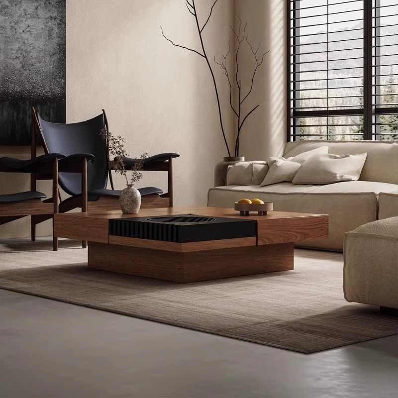 Mid-Century Walnut Coffee Table with Black Slat Detail – Modern Design Square Low Table, Contemporary Living Room Centerpiece with Storage Element
