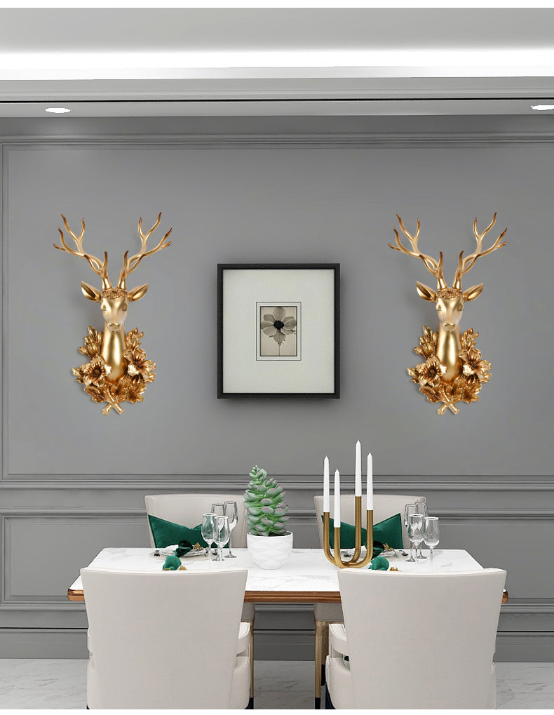 Golden Deer Head Wall Mount with Ornate Floral Wreath, Luxury European Style Animal Head Sculpture, Statement Wall Decor for Living Room & Bar