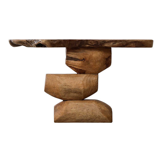 Wabi-Sabi Japanese Natural Wood Console Table, Designer Irregular Edge Stone-Stacked Entry Table for Hotel & Home