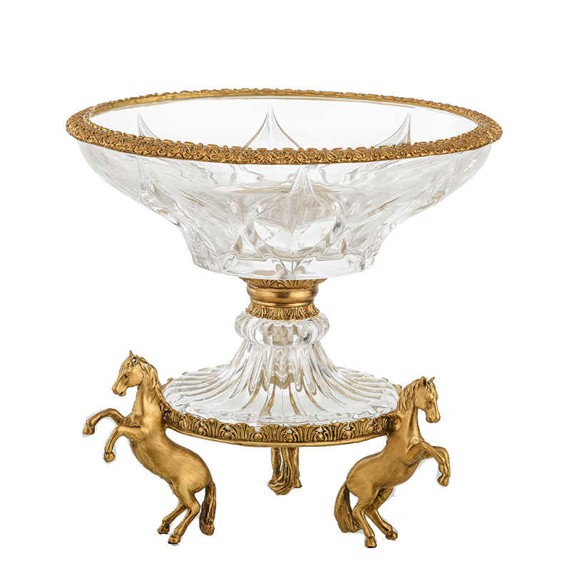 Crystal Glass Fruit Bowl with Brass Horse Pedestal – Luxury Centerpiece for Living Room, Dining Table, and Event Décor