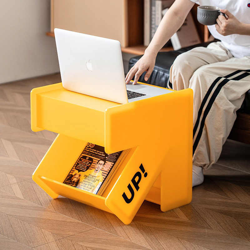 Yellow Arrow Acrylic Bedside Table – Modern Creative Sofa Side End Table, Bedroom Accent Storage Shelf, Double-Layer Multipurpose Nightstand, 8mm Thick Designer Mark Shelf